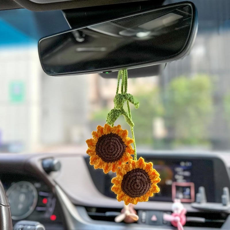 Refintural 2 Pieces Handmade Sunflower Car Accessories Sunflower Pendants Car Mirror Hanging Accessories - Image 1